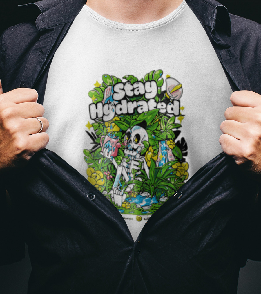 Stay Hydrated Quirky Skeleton Watering Lush Greenery And Flowers T-Shirt