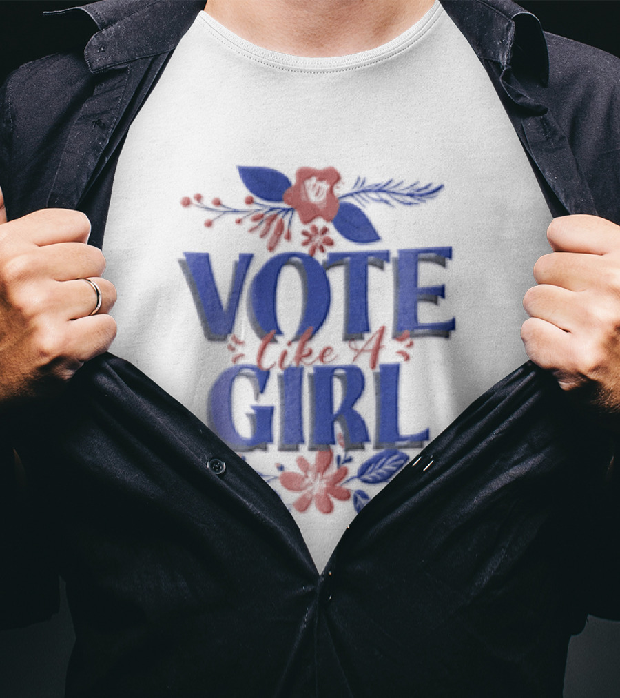 Vote Like A Girl Blue Red Pink Floral Accents T-Shirt