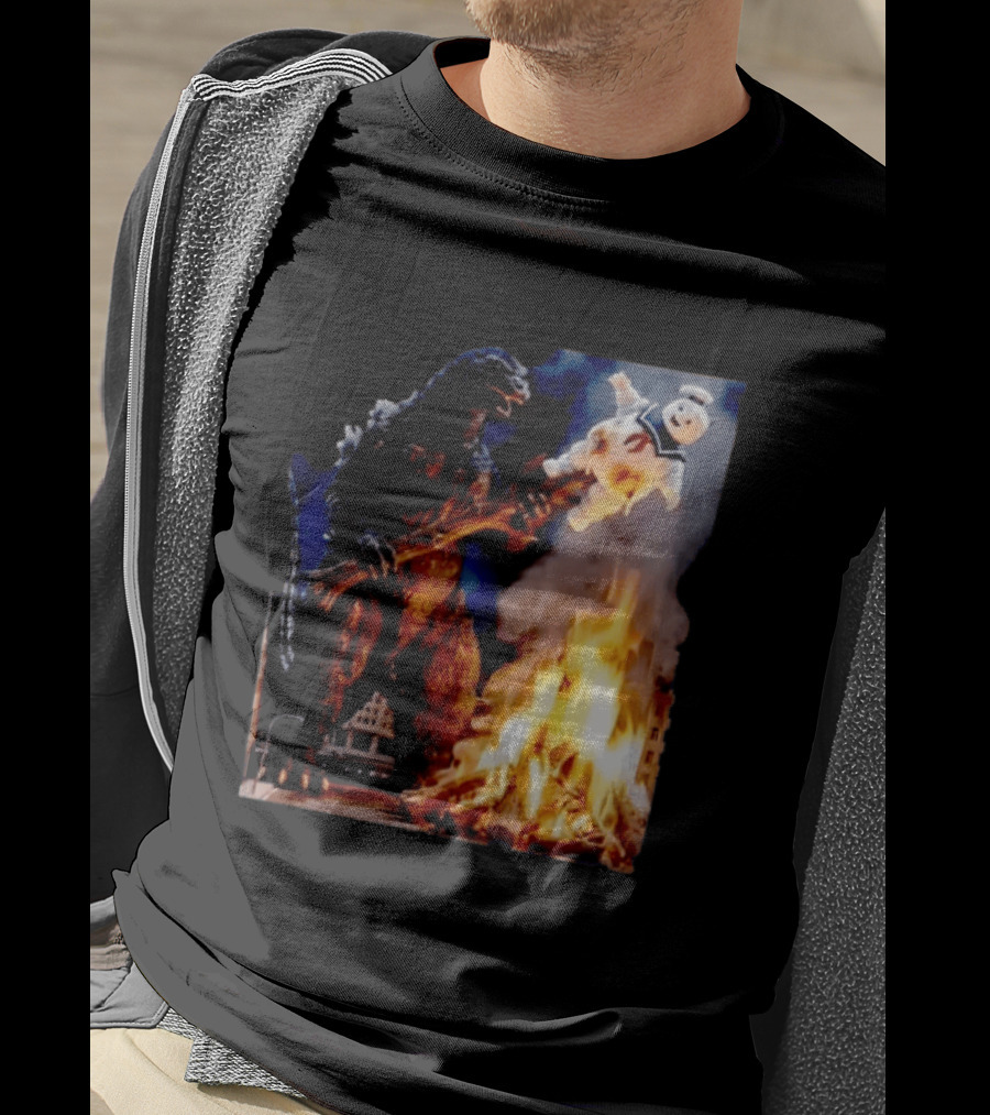 Kaiju Campfire Godzilla Holding Stay Puft Marshmallow Man T-Shirt
