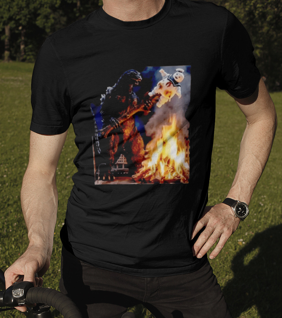 Kaiju Campfire Godzilla Holding Stay Puft Marshmallow Man T-Shirt