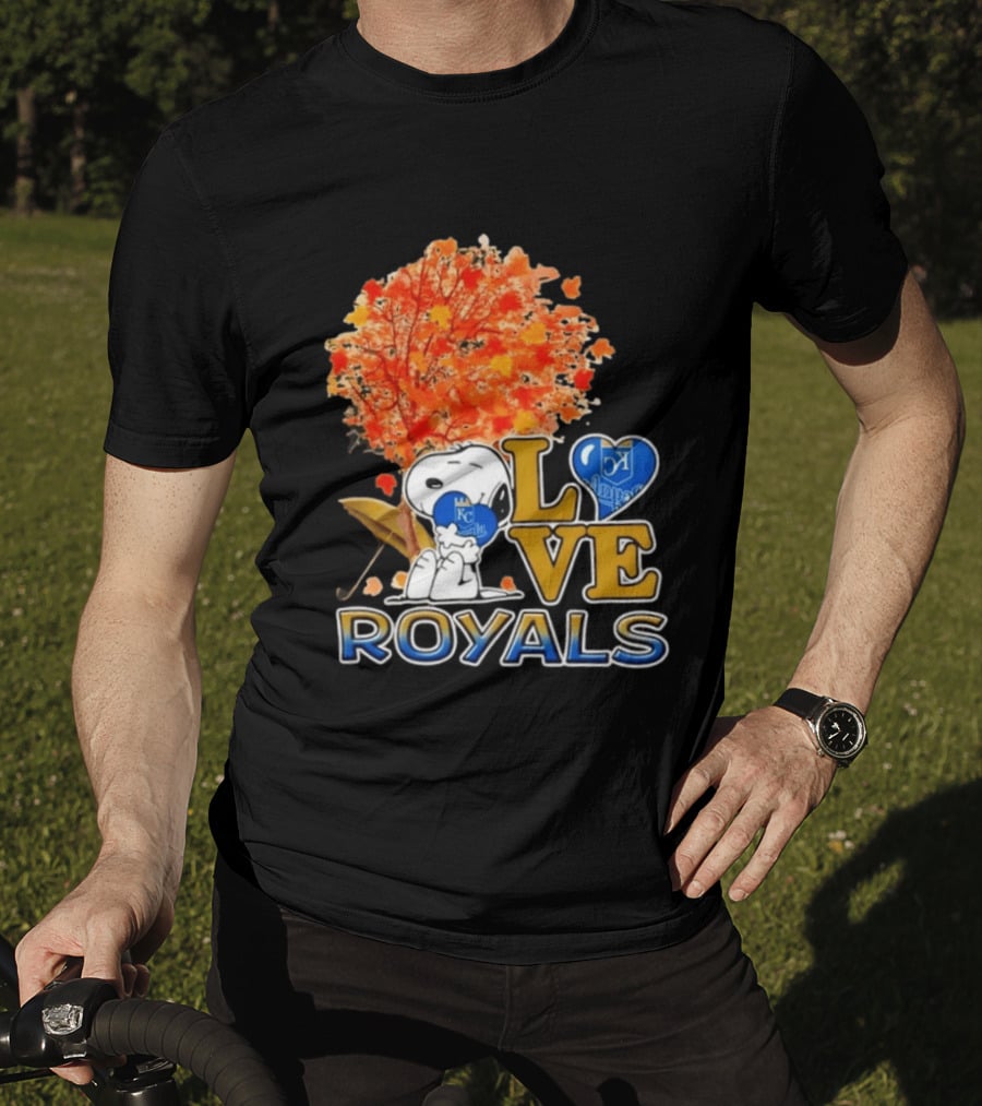 KC Royals Love Snoopy Hug Heart Peanuts Baseball Fall Tree T-Shirt