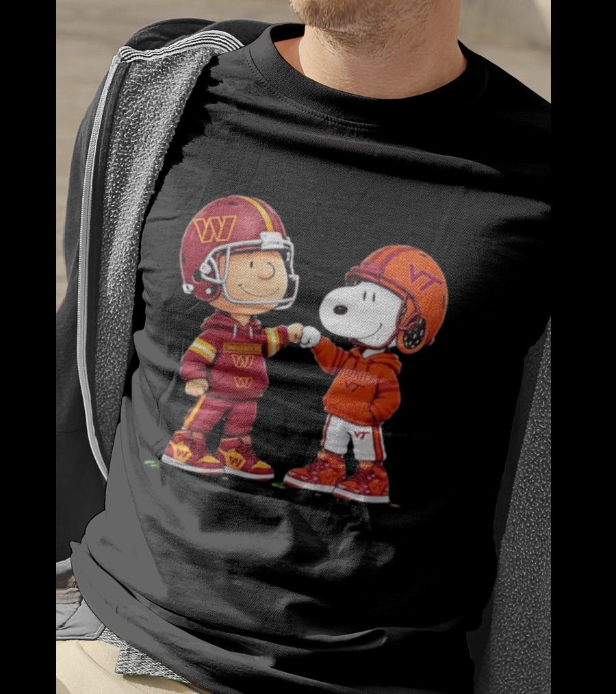 Peanuts Snoopy Charlie Brown Washington Commanders Virginia Tech Hokies Collaboration Fist Bump T-Shirt