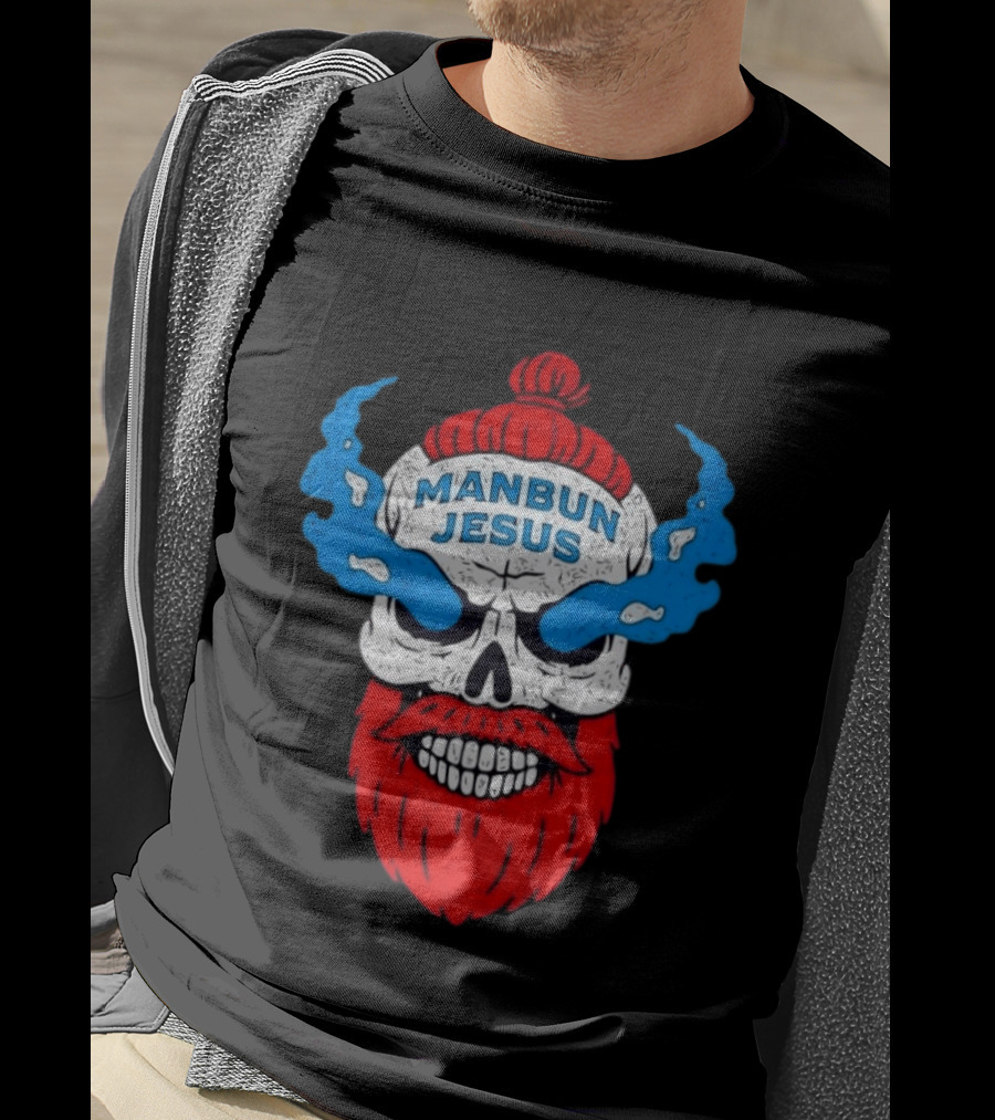 Manbun Jesus Skull Blue Flames Red Beard T-Shirt