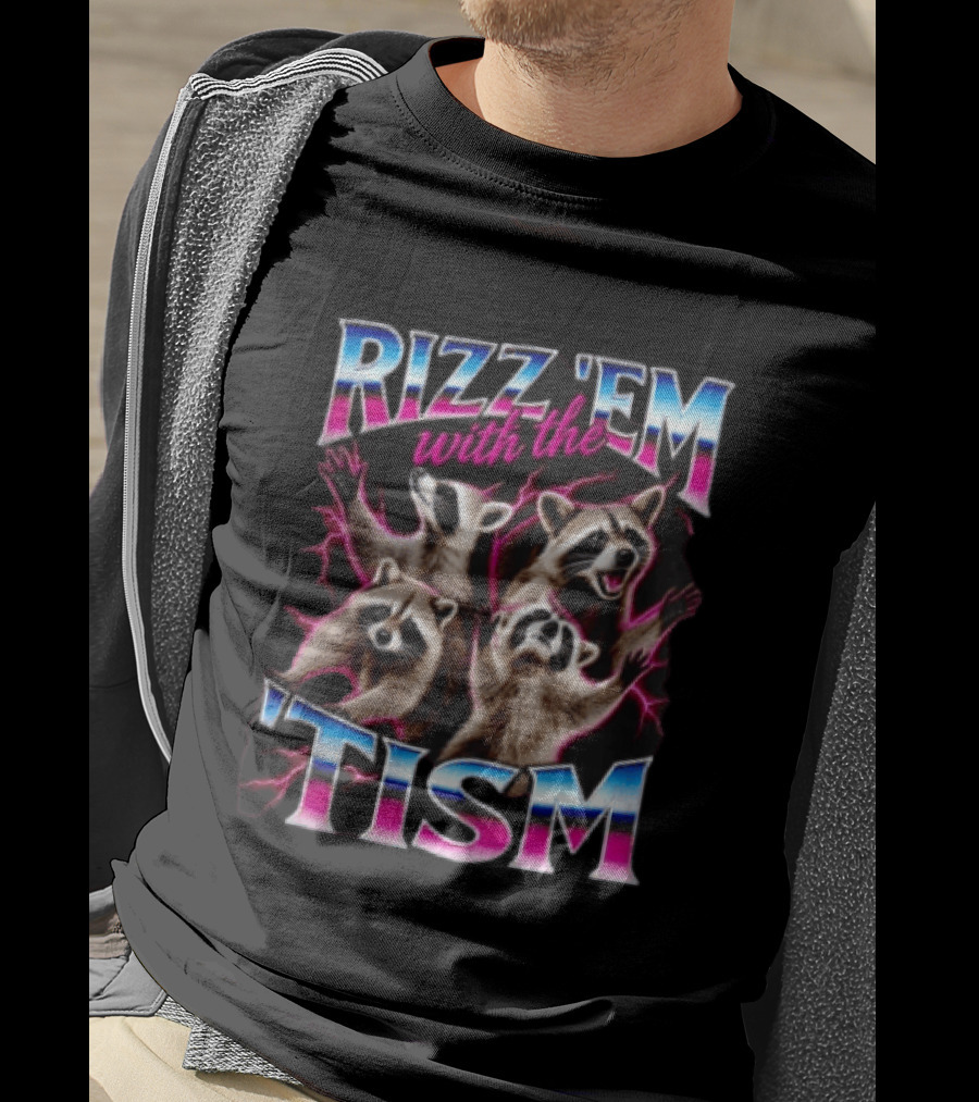 Rizz Them With The Tism Four Raccoons Reaching Pink Lightning T-Shirt