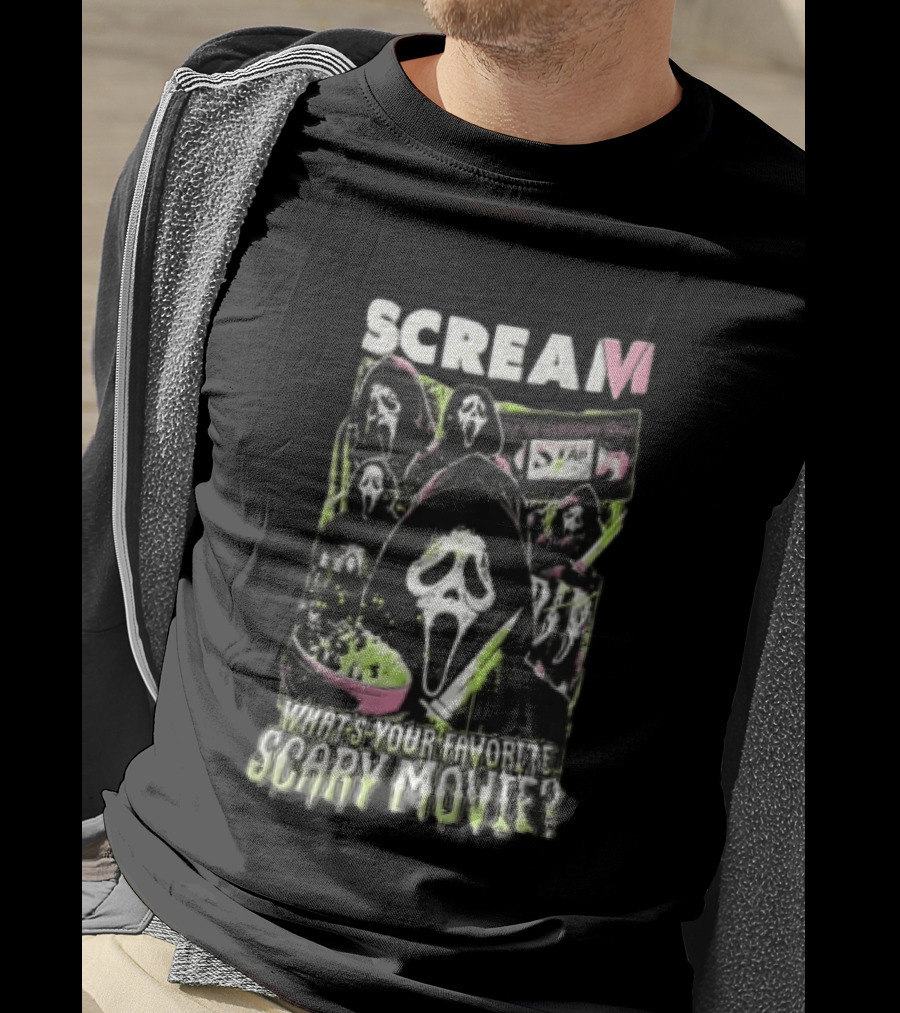 Scream VI What's Your Favorite Scary Movie Ghostface Masks Holding Knife Popcorn T-Shirt
