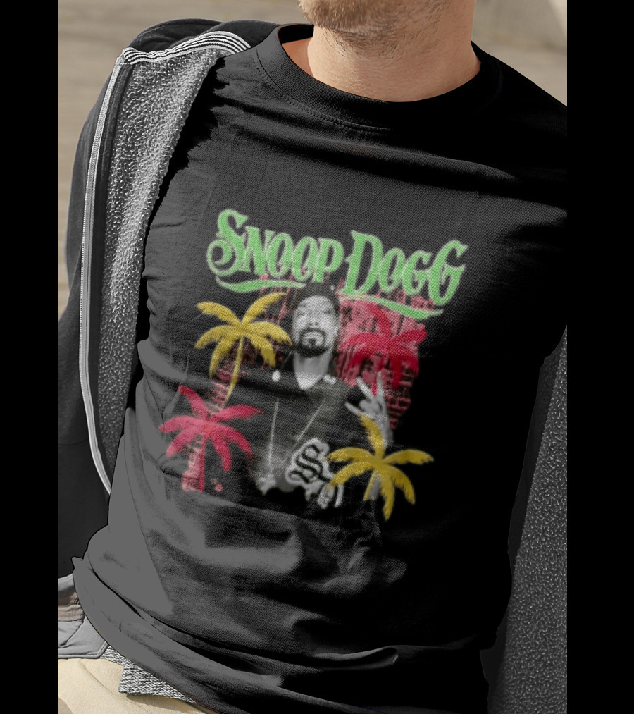 Snoop Dogg Palm Trees Gesture Black And White Portrait With Red And Yellow Palm Trees T-Shirt