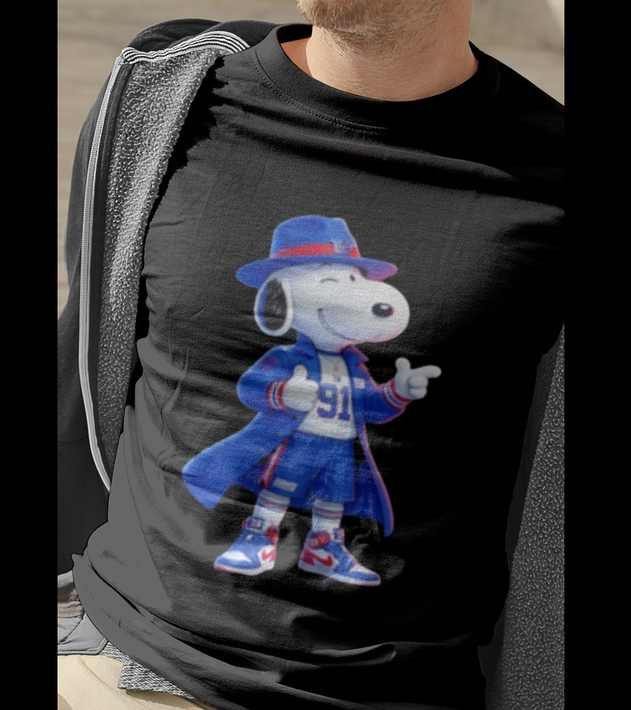 Snoopy New York Giants Football Player Cartoon Blue Coat And Hat T-Shirt