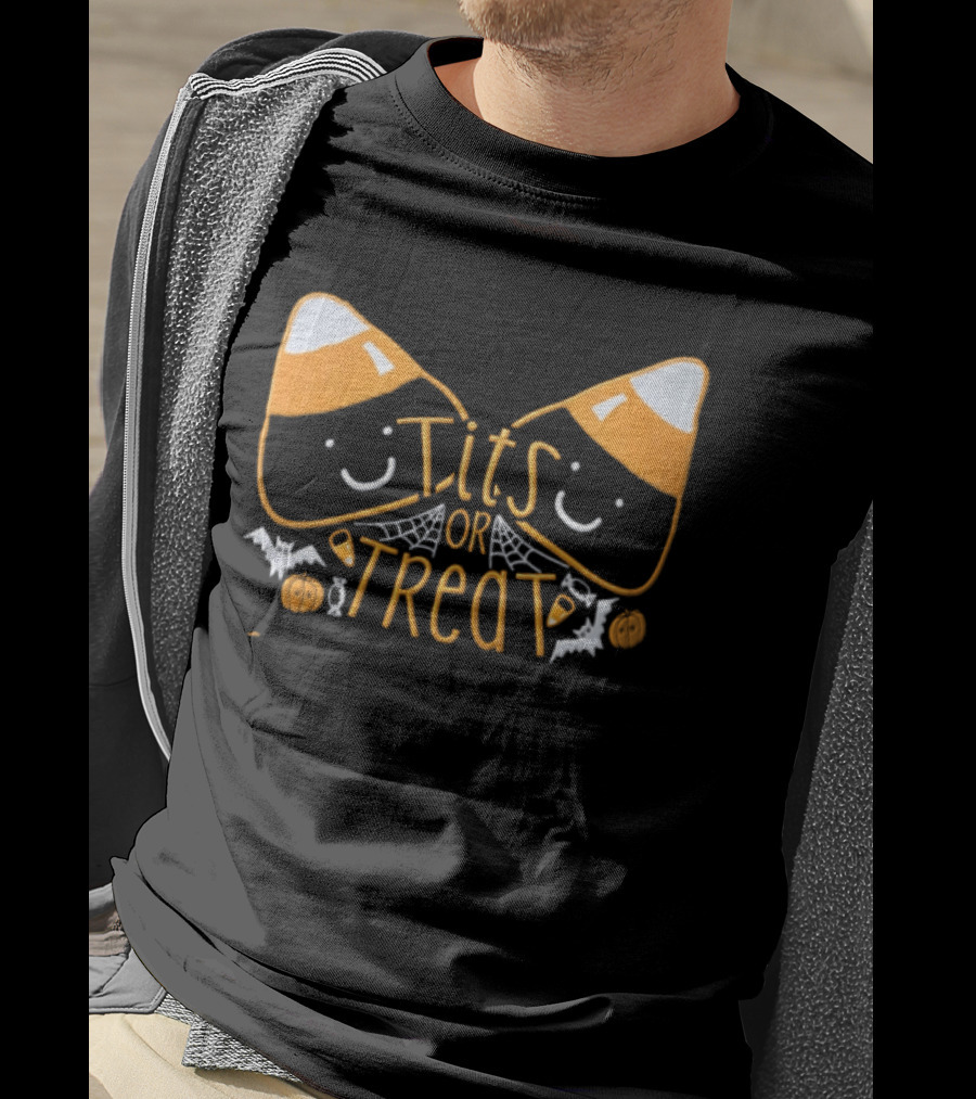 Halloween Candy Corn Faces Tits Or Treat With Spiders Webs Bats Pumpkins T-Shirt