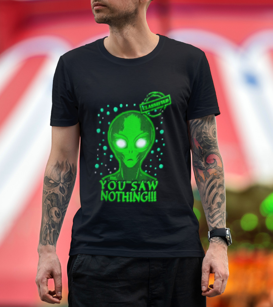 Green Alien You Saw Nothing Glowing Eyes UFO Dots T-Shirt