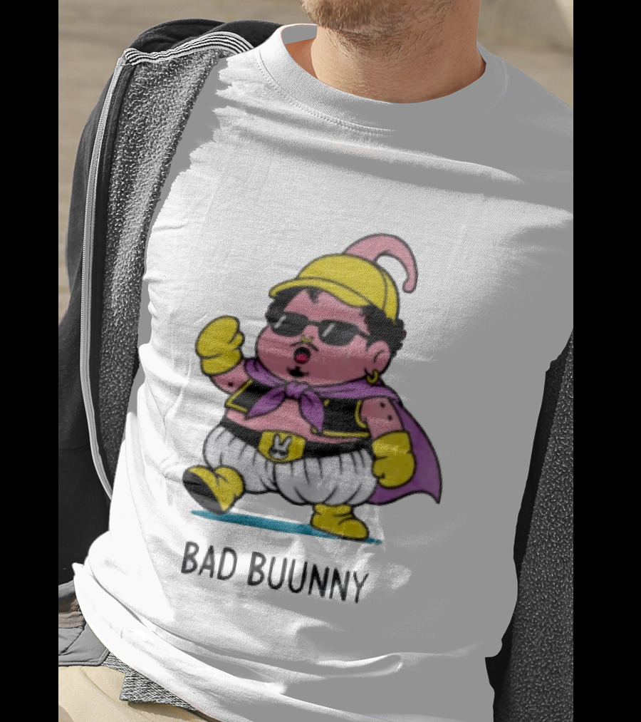 Bad Buunny Pink Majin Buu Sunglasses Yellow Hat Cape Cartoon T-Shirt