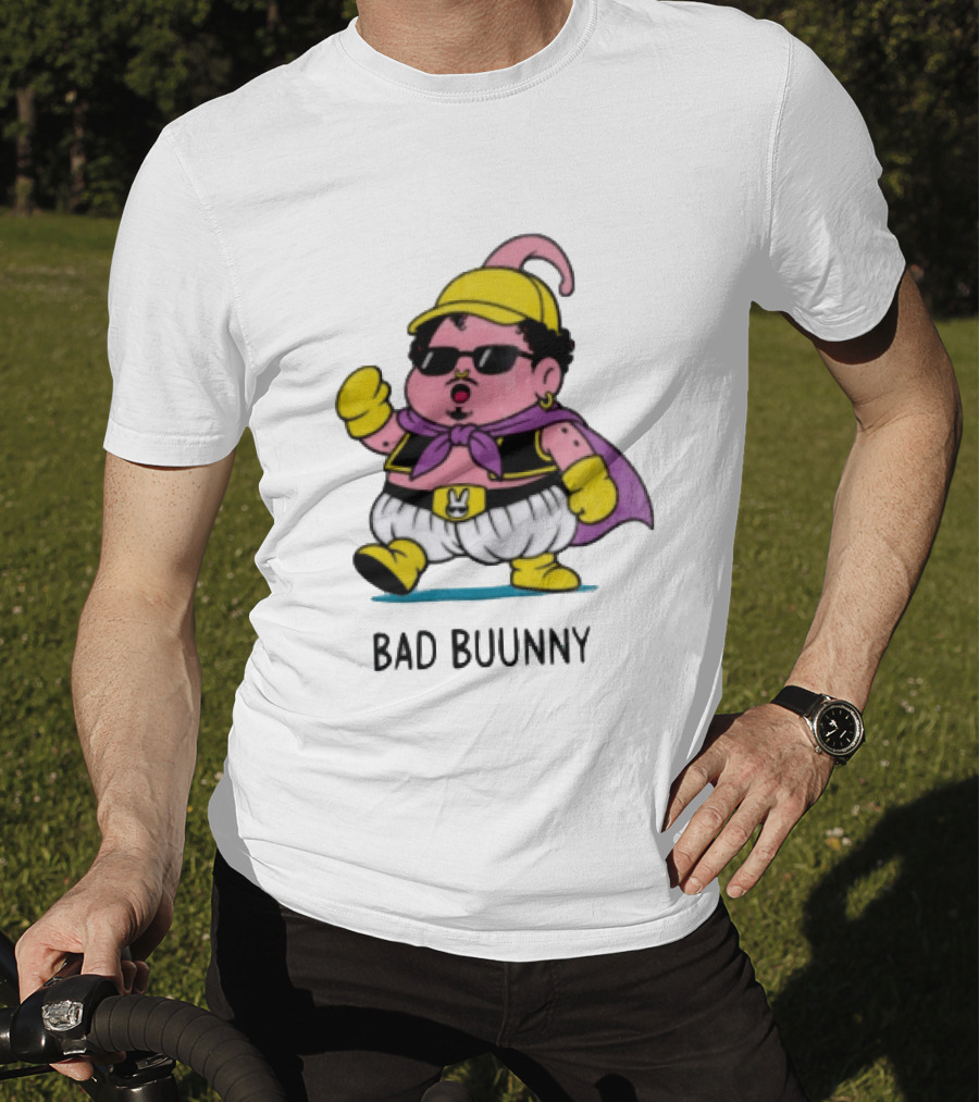 Bad Buunny Pink Majin Buu Sunglasses Yellow Hat Cape Cartoon T-Shirt