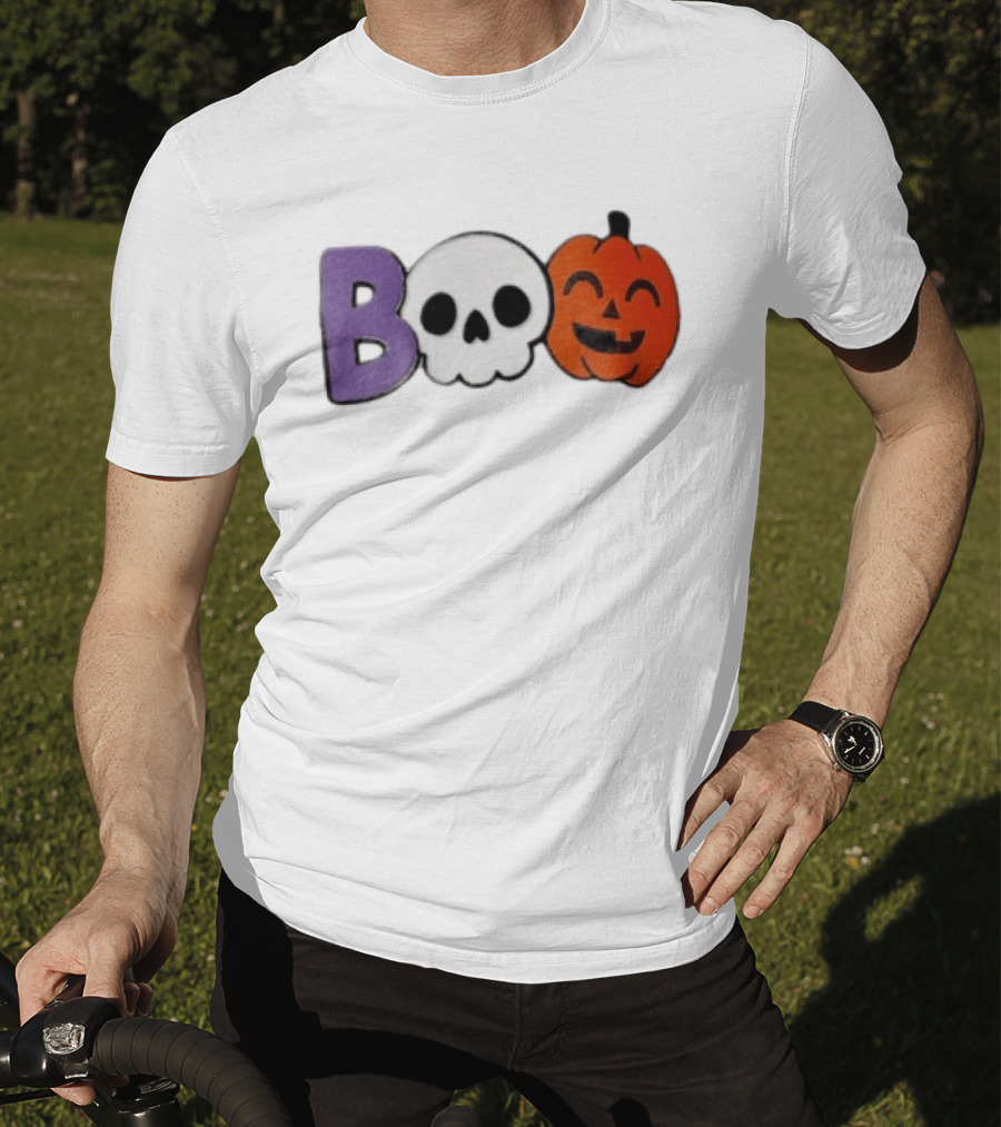 BOO Skull Pumpkin Purple Letter Halloween Fun T-Shirt