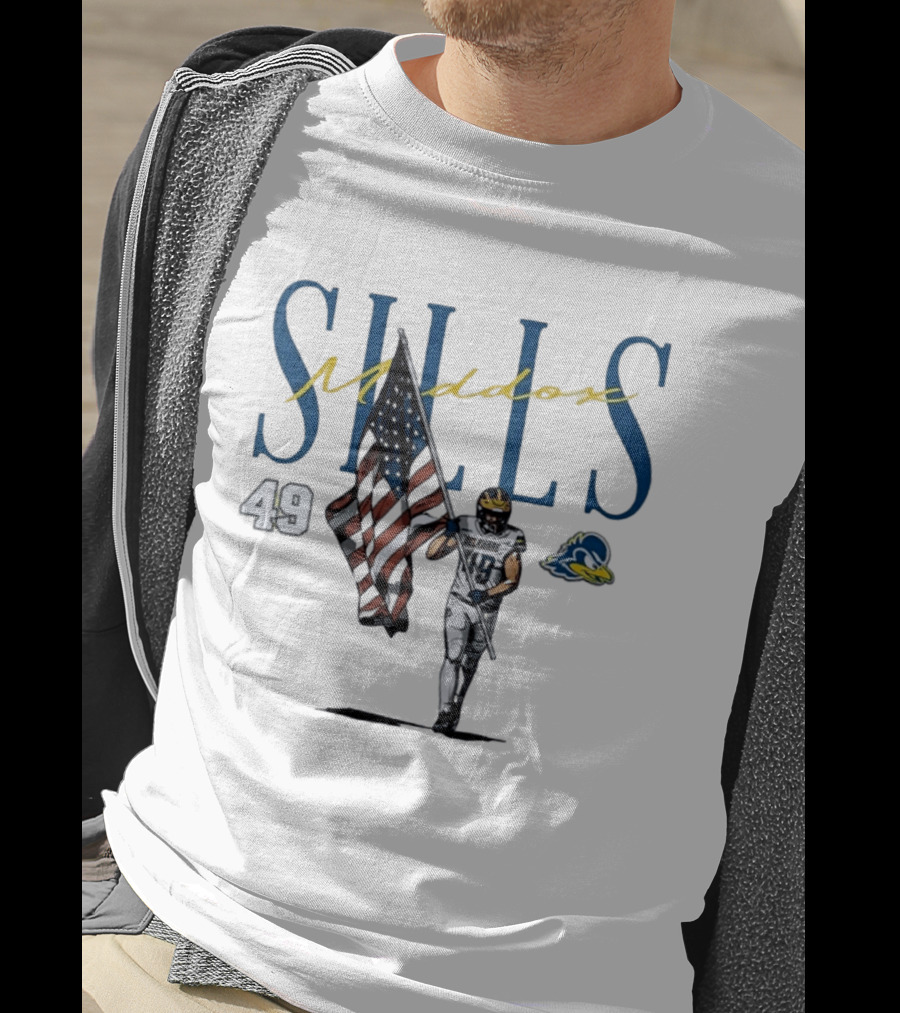 Delaware Blue Hens No 49 Maddox Sills US Flag Caricature T-Shirt