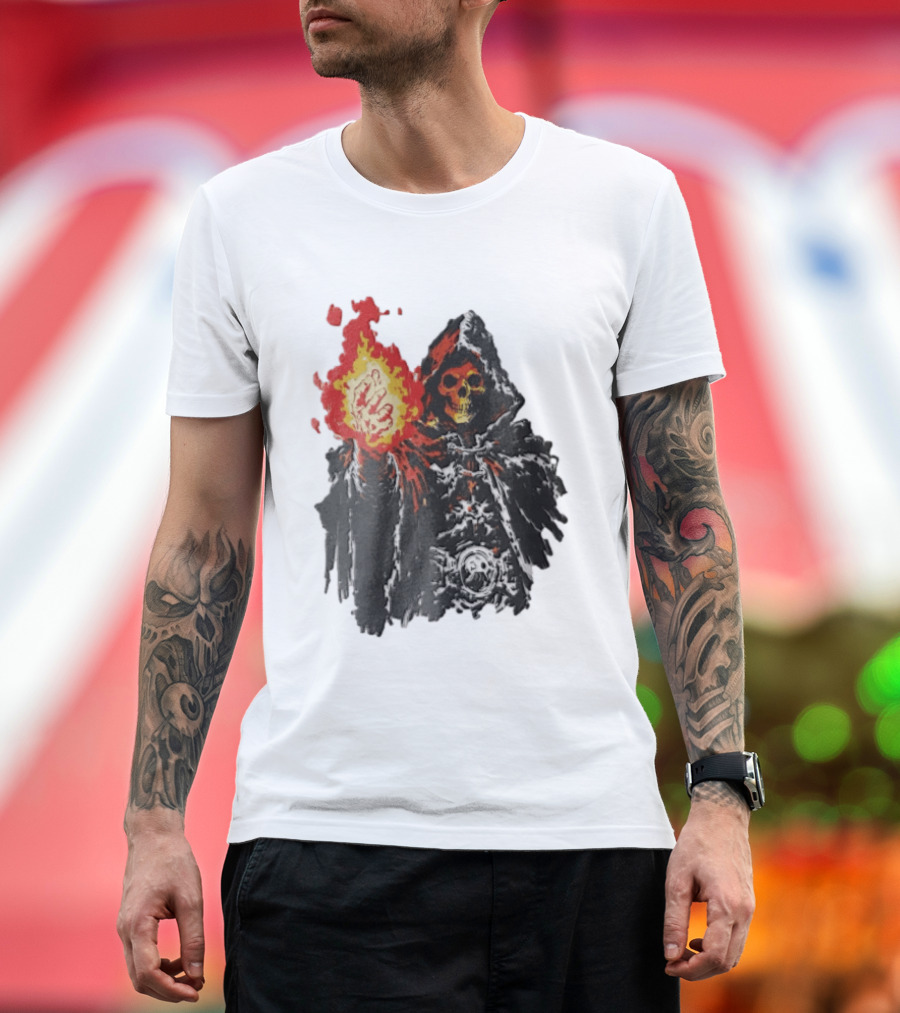 Skeleton Holding Fire Skeletor Hooded Cloak And Fiery Fist T-Shirt