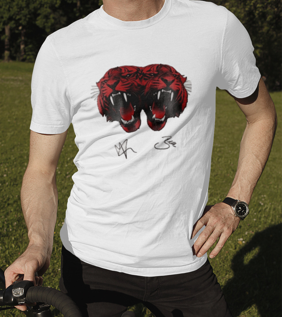 Tigers Heads Roaring Red Dual Fierce Animal T-Shirt