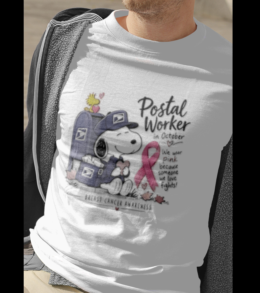 Postal Worker Snoopy And Woodstock With Pink Ribbon Supporting Fighters T-Shirt