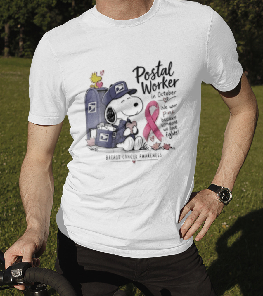 Postal Worker Snoopy And Woodstock With Pink Ribbon Supporting Fighters T-Shirt
