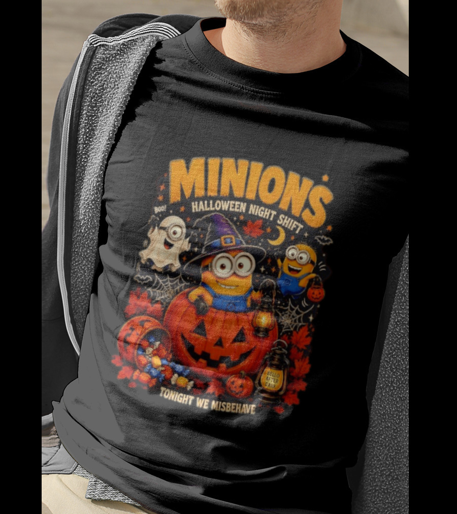 Minions Halloween Night Shift Bello After Dark Tonight We Misbehave Ghosts Pumpkins T-Shirt