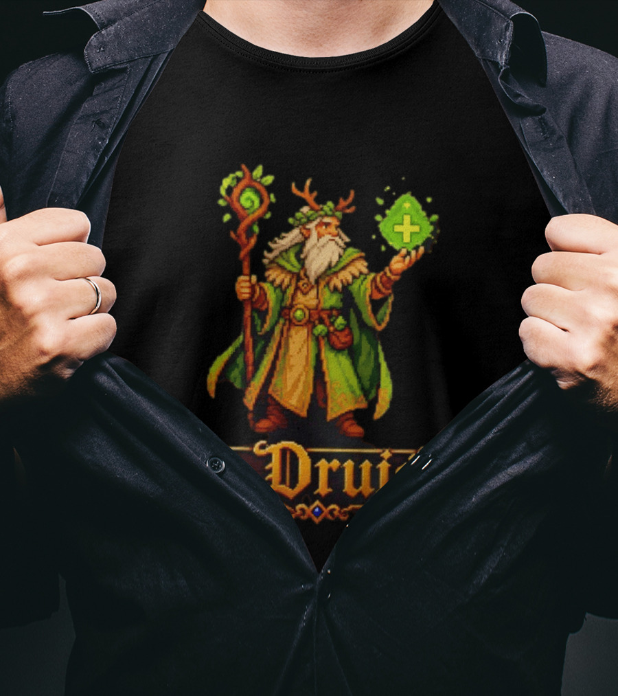 The Druid 16 Bit Game Cartoon Pixel Art Mage With Staff And Potion T-Shirt