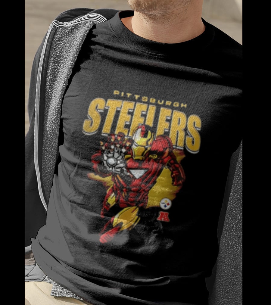 Pittsburgh Steelers Iron Man Flying Forward Graphic Suit Officially Licensed NFL Marvel Collaboration T-Shirt