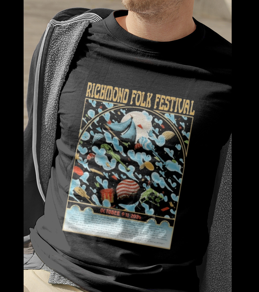 Richmond Folk Festival October 9 11 2026 By Christian Taylor Line Up Colorful Instruments And Clouds T-Shirt