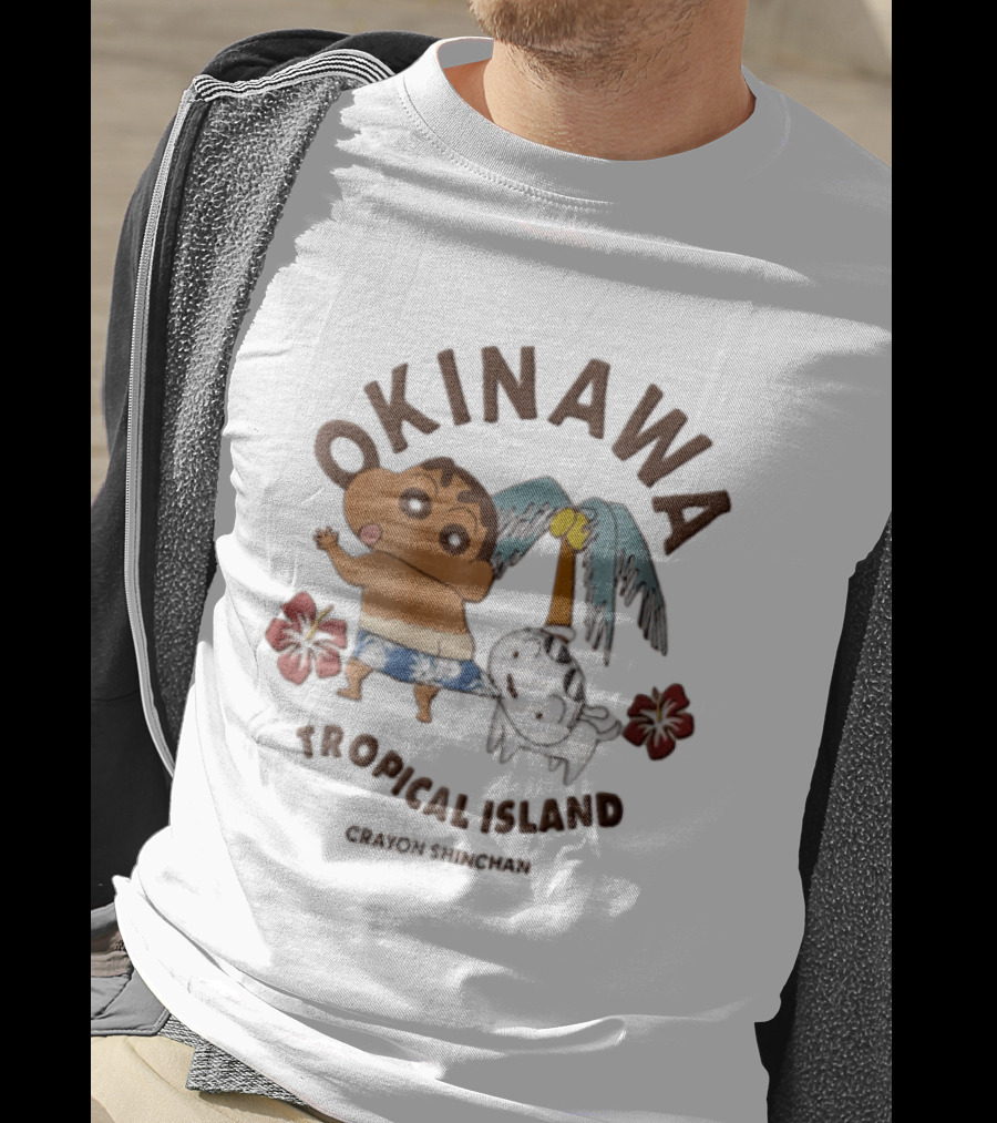 Okinawa Tropical Island Crayon Shin Chan Shinnosuke Nohara Shiro Palm Tree Hibiscus T-Shirt