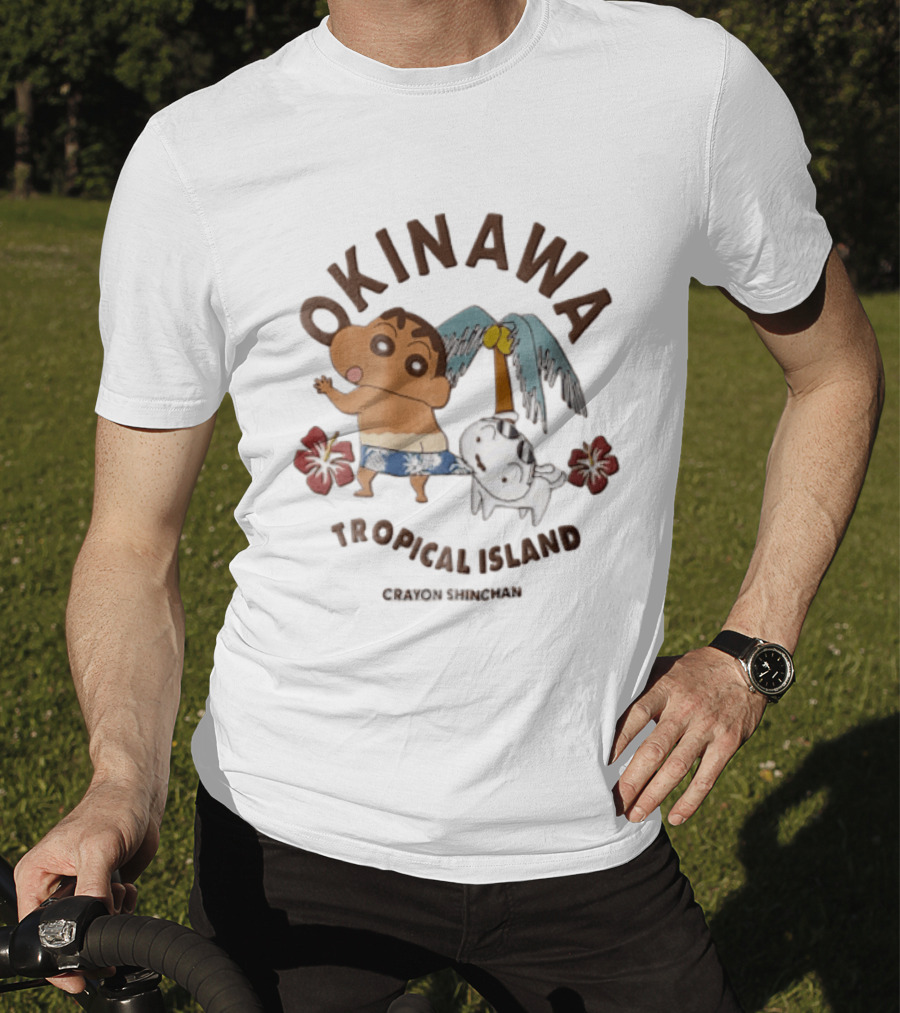 Okinawa Tropical Island Crayon Shin Chan Shinnosuke Nohara Shiro Palm Tree Hibiscus T-Shirt