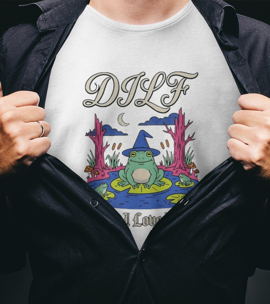 DILF Damn I Love Frogs Cartoon Frog In Pond With Wizard Hat T-Shirt