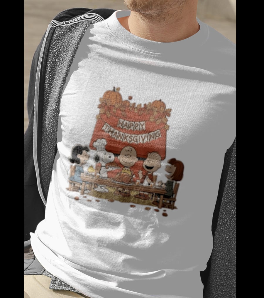 Peanuts Charlie Brown Snoopy Woodstock Lucy Linus Happy Thanksgiving Holiday Celebration T-Shirt