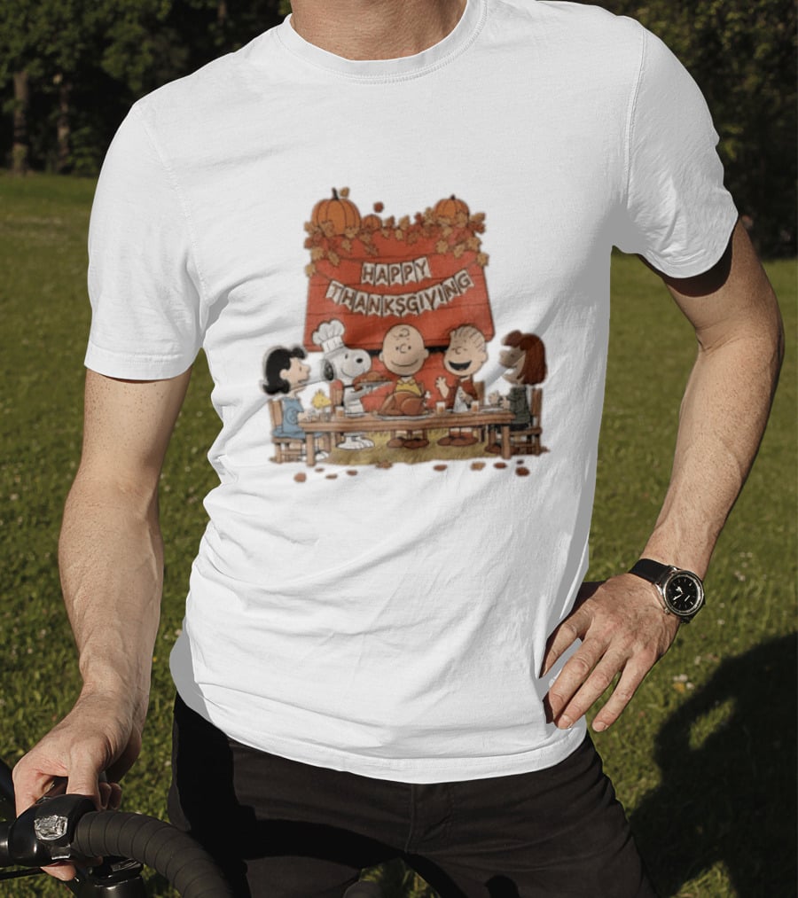 Peanuts Charlie Brown Snoopy Woodstock Lucy Linus Happy Thanksgiving Holiday Celebration T-Shirt