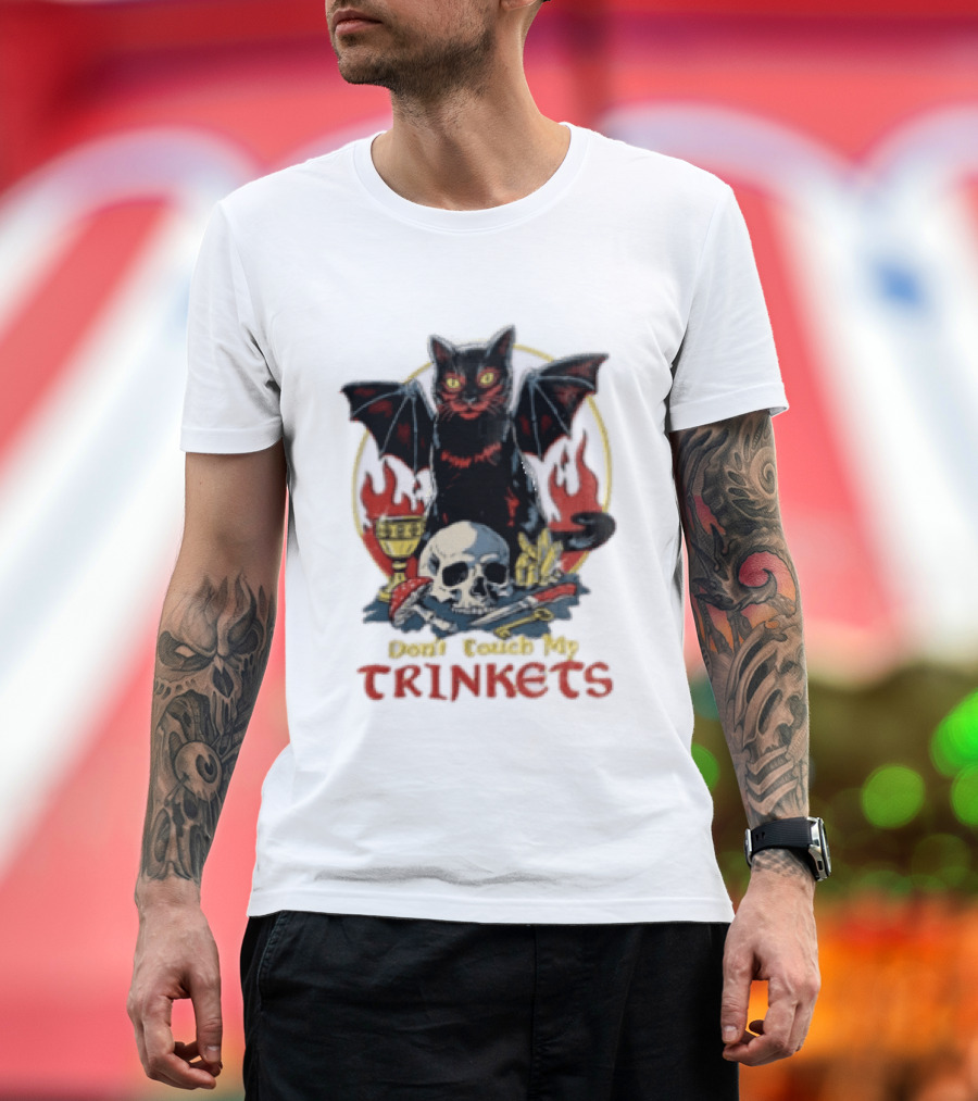 Steven Rhodes Cat Skull Chalice Flames Don't Touch My Trinkets T-Shirt