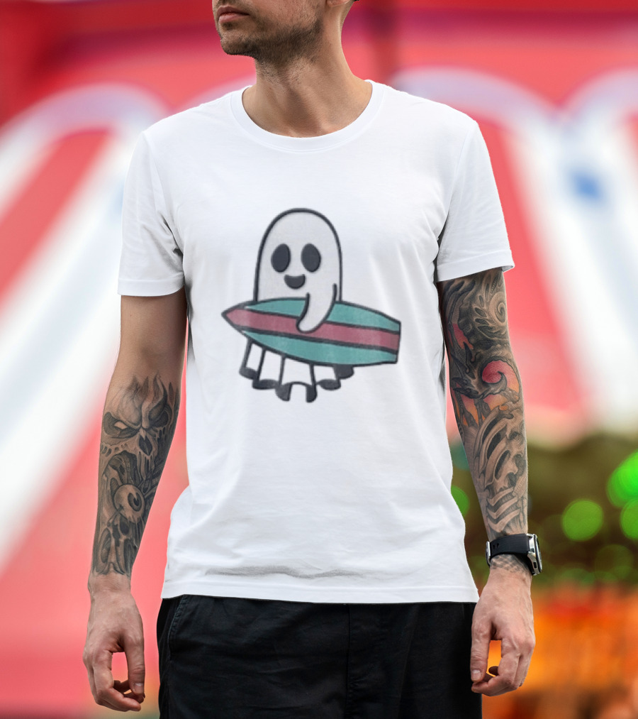 Ghost Holding Surfboard Cartoon Fun Cute Spooky Beach Vibes T-Shirt