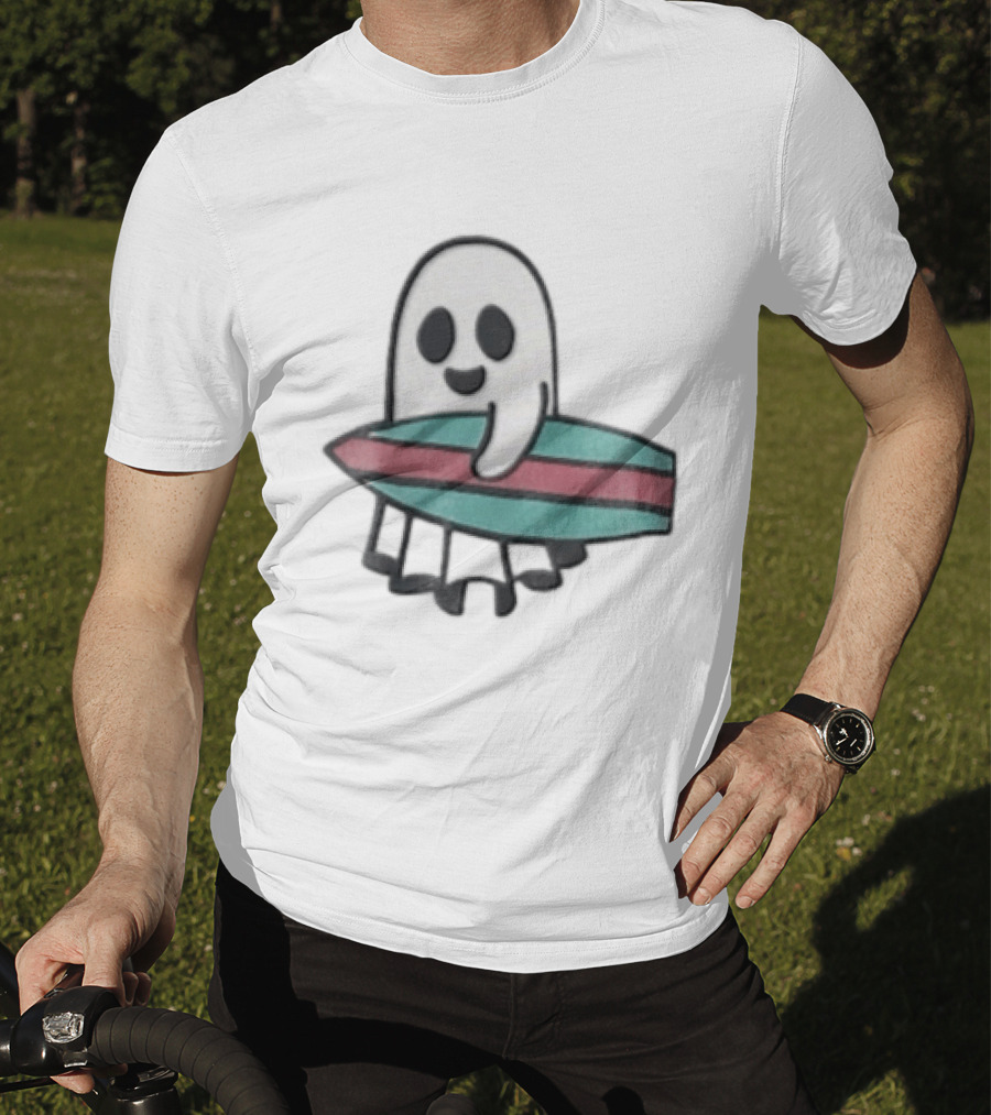 Ghost Holding Surfboard Cartoon Fun Cute Spooky Beach Vibes T-Shirt