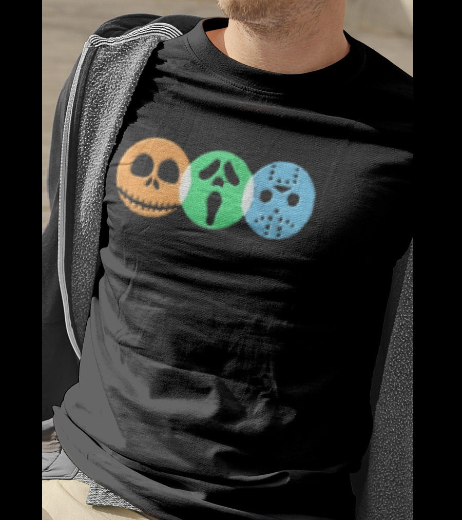 Halloween Horror Characters Colorful Circles Skulls And Masks T-Shirt