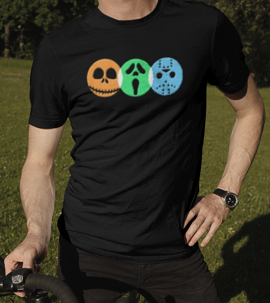 Halloween Horror Characters Colorful Circles Skulls And Masks T-Shirt