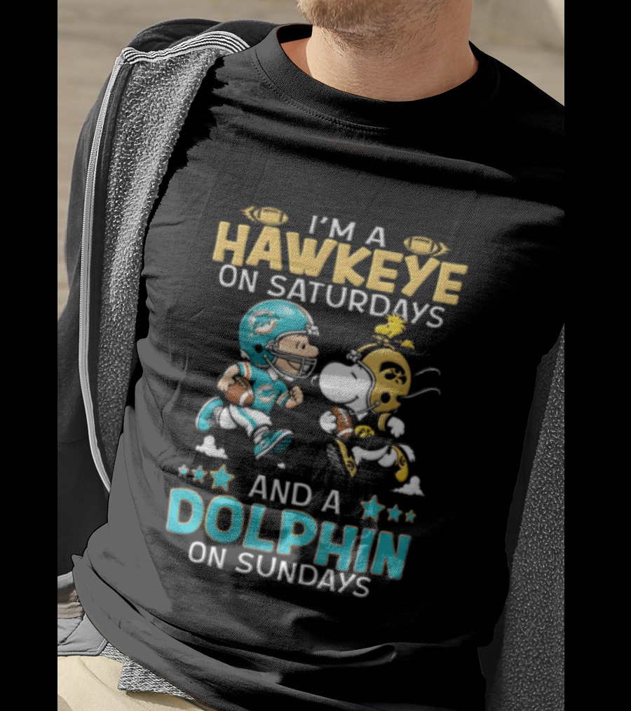 Hawkeye On Saturdays Dolphin On Sundays Charlie Brown Snoopy Woodstock Football T-Shirt