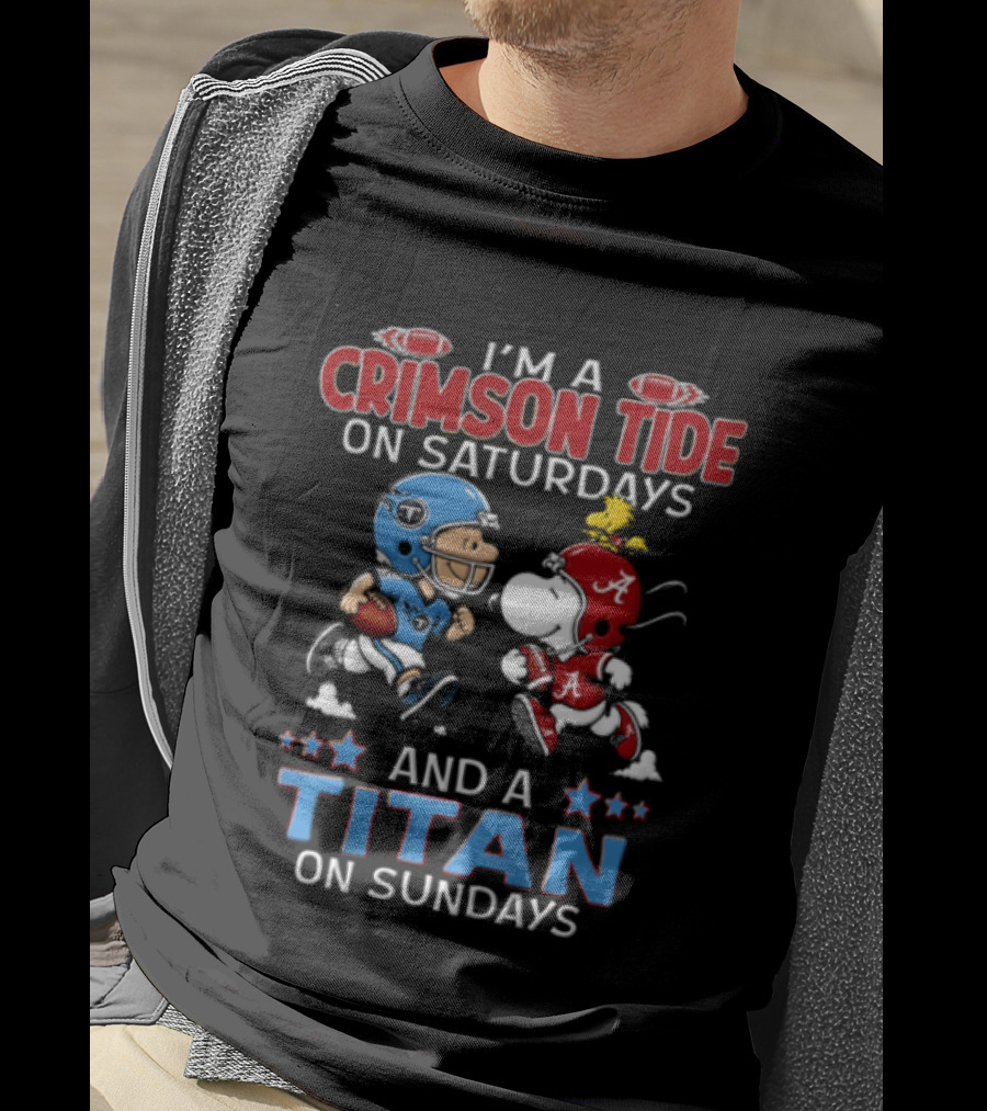 I'm A Crimson Tide On Saturdays And A Titan On Sundays Charlie Brown Snoopy Woodstock Football T-Shirt