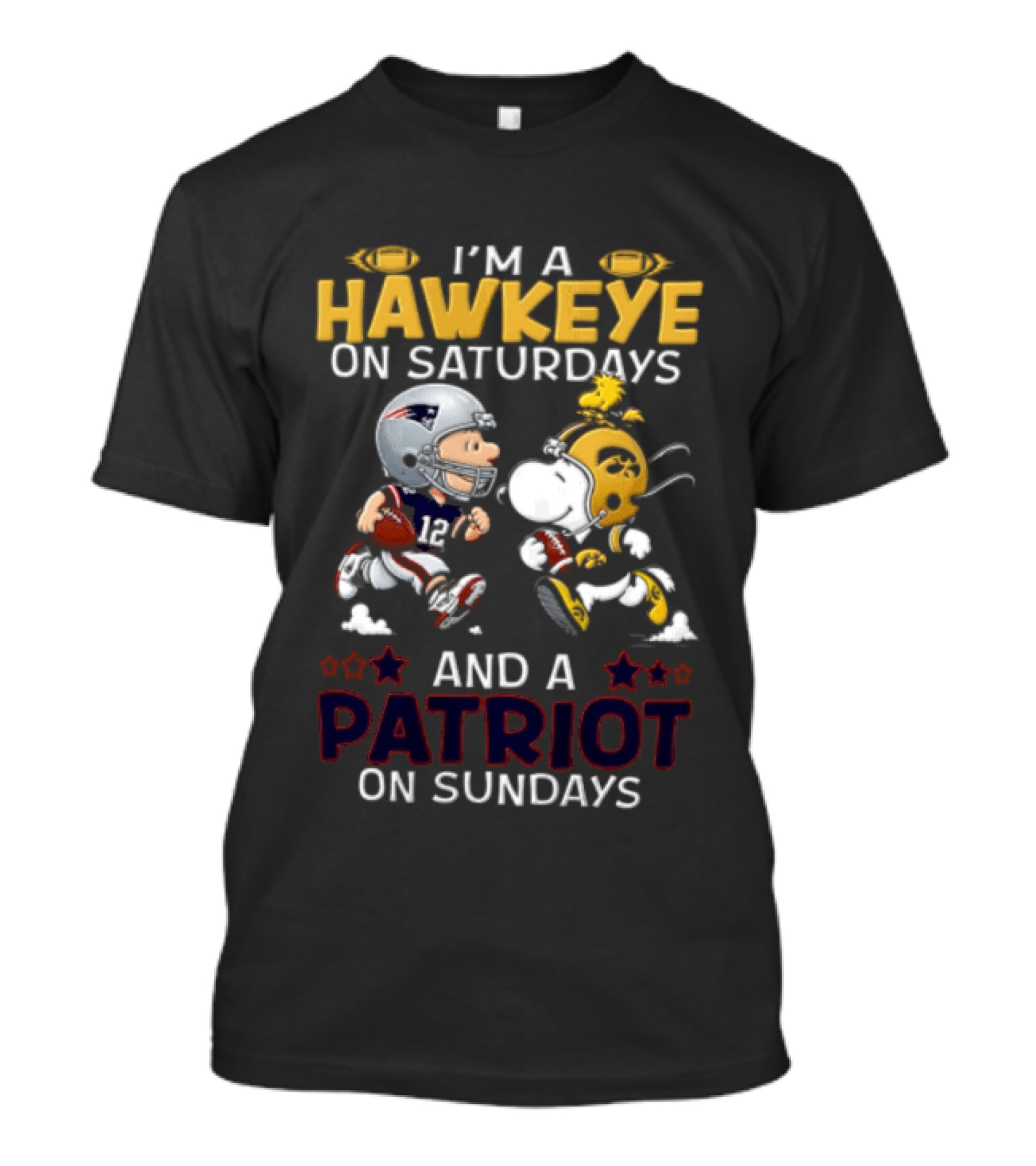 Hawkeye Saturdays Patriot Sundays Charlie Brown Snoopy Woodstock Football T-Shirt