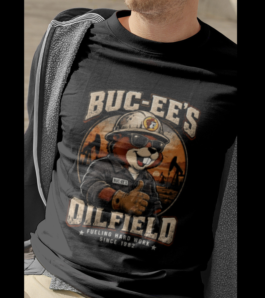 Buc Ee's Oilfield Beaver Hard Hat Sunglasses Thumbs Up Fueling Hard Work Since 1982 T-Shirt
