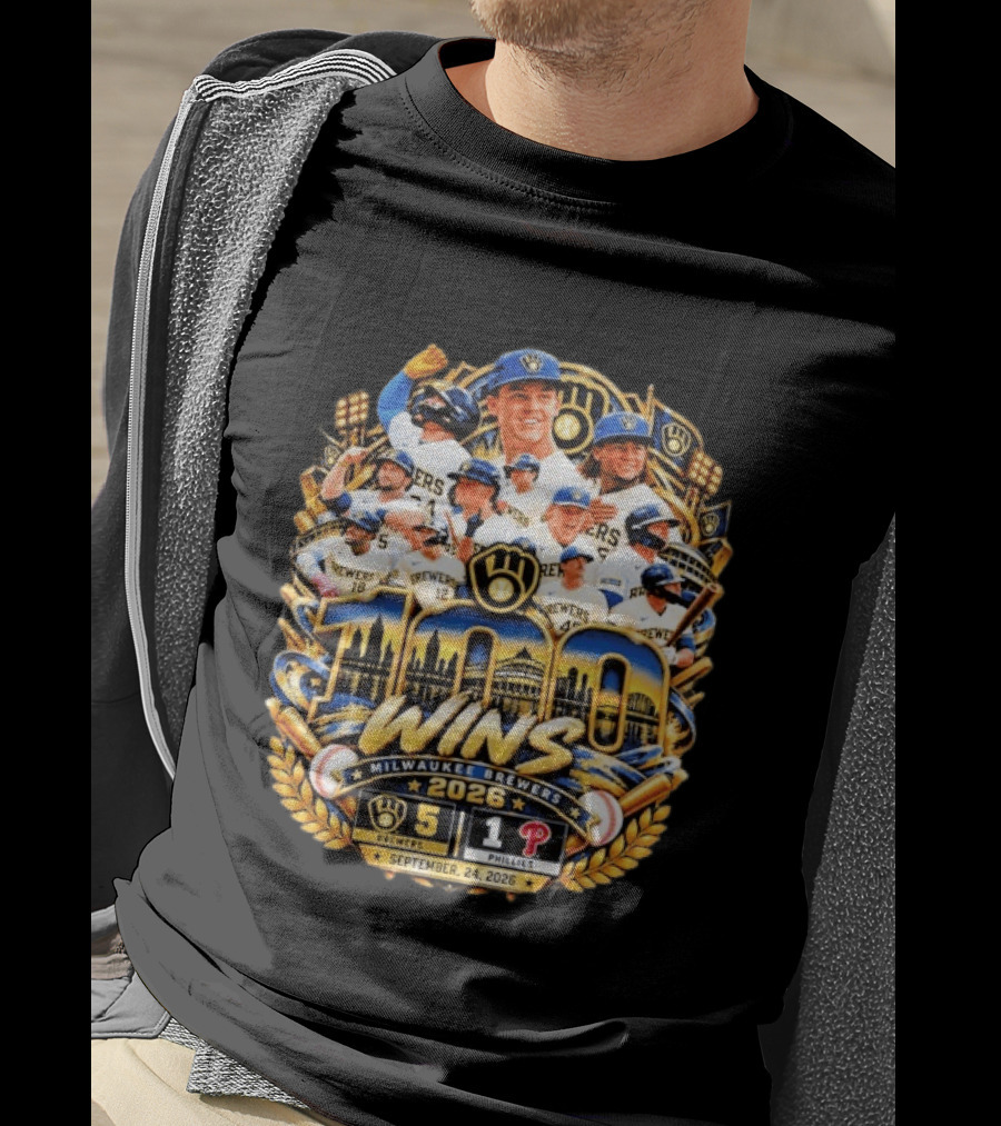 Milwaukee Brewers 100 Wins Celebration Vs Philadelphia Phillies September 24 2026 T-Shirt