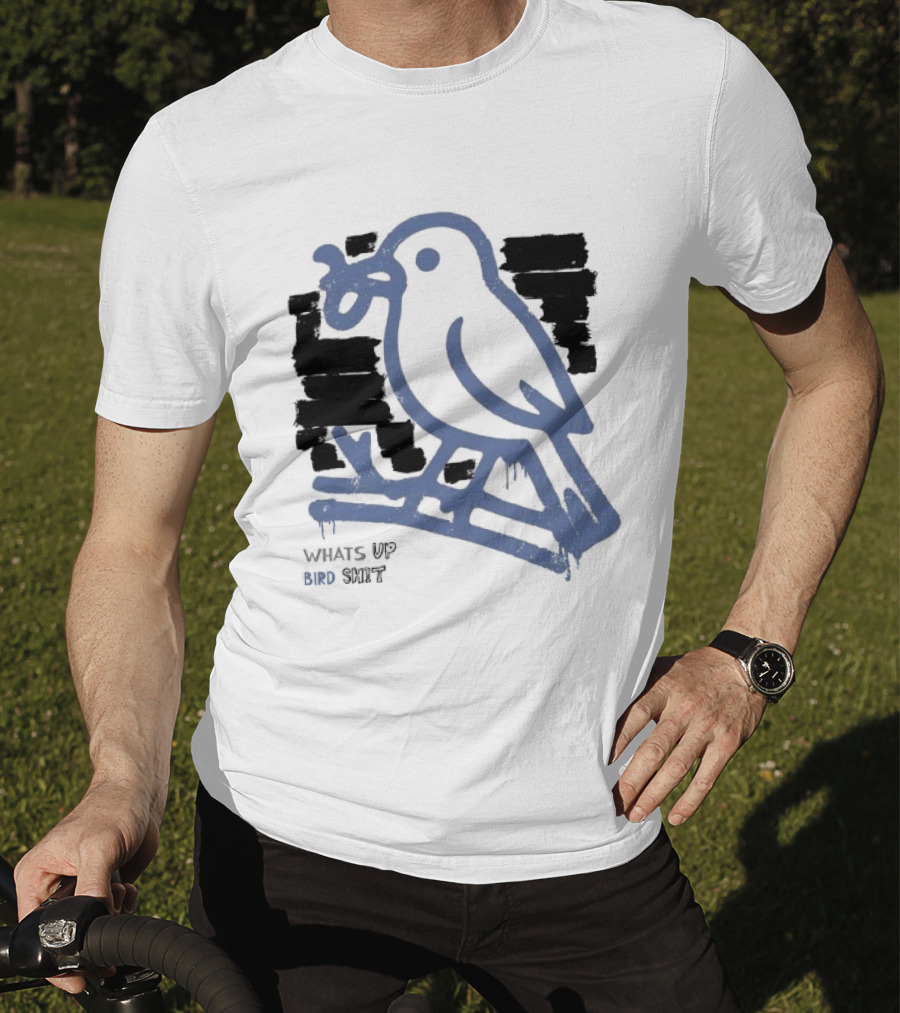 Drewtube What Up Bird Shit Funny Sparrow Holding Curling Shovel T-Shirt