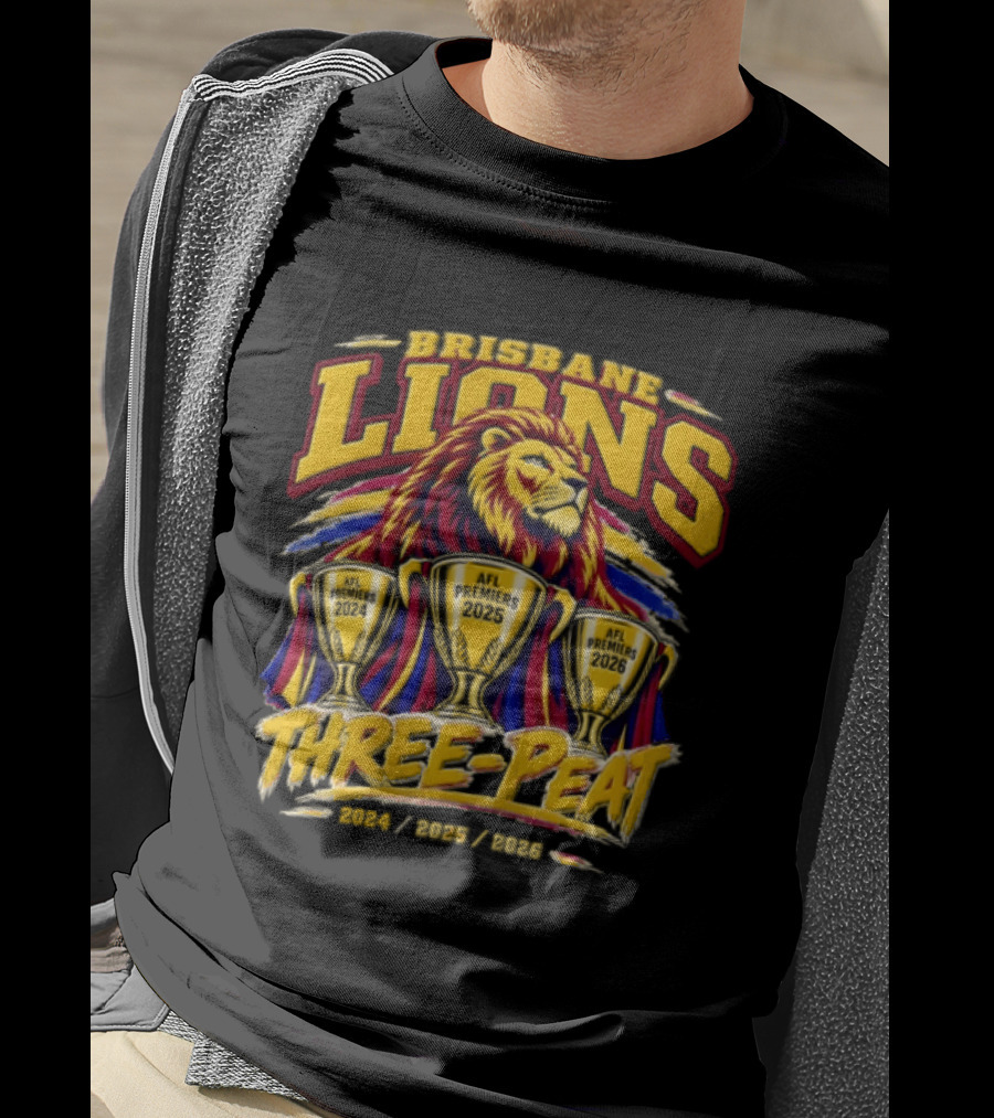 Brisbane Lions Three Peat 2024 2025 2026 Premiership Lion Trophy Celebration T-Shirt