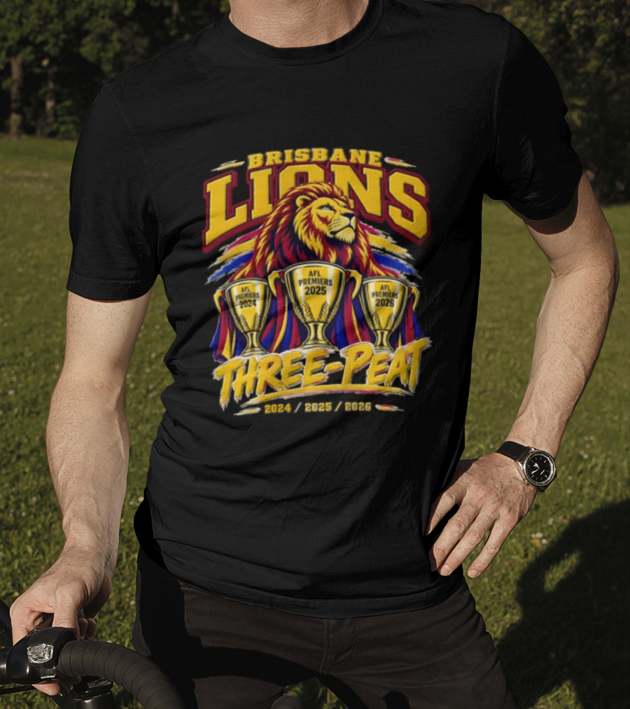 Brisbane Lions Three Peat 2024 2025 2026 Premiership Lion Trophy Celebration T-Shirt