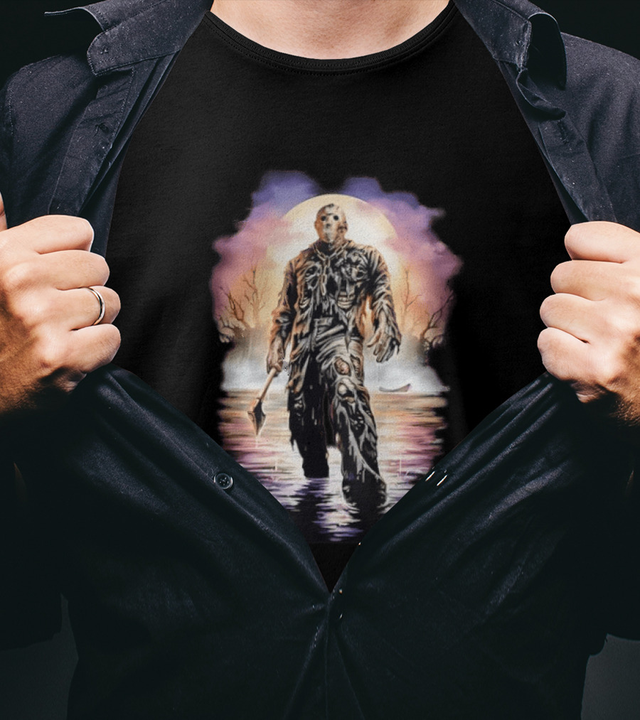 Friday The 13th Jason Voorhees Horror Halloween Mask Machete Lake Scene T-Shirt