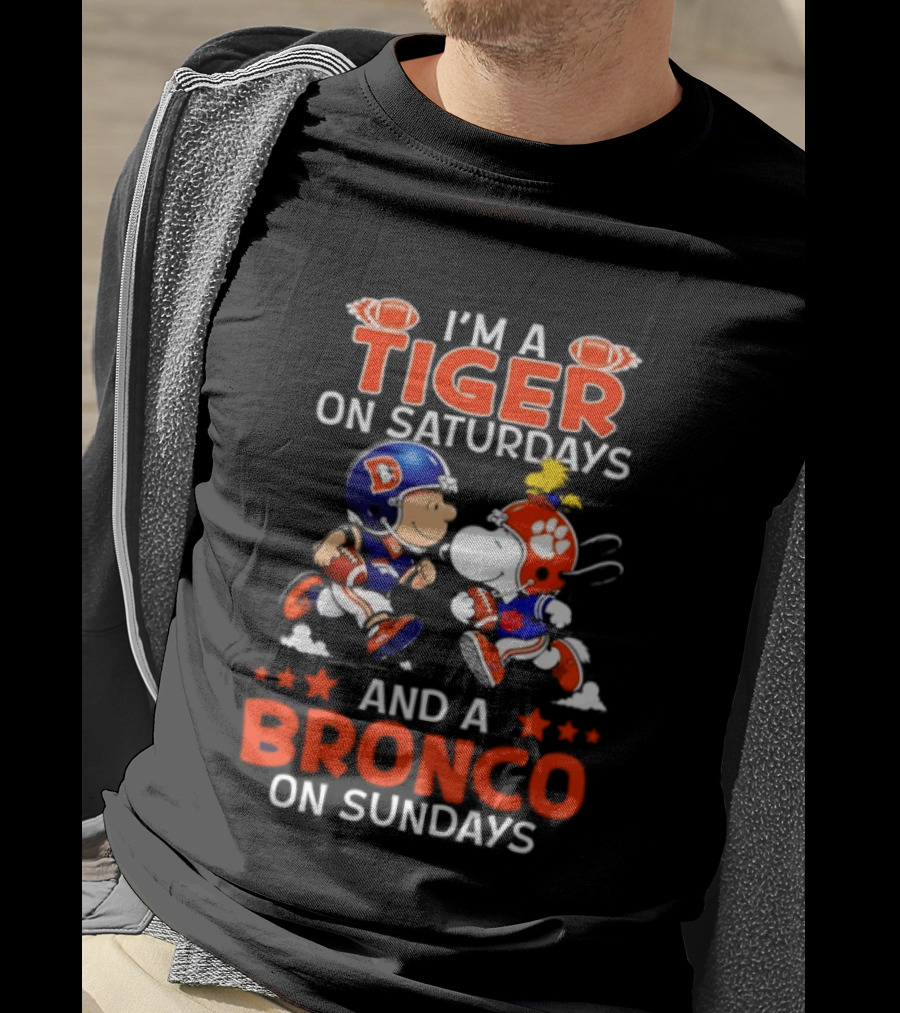 Snoopy And Charlie Brown I'm A Tiger On Saturdays And A Bronco On Sundays Football Fun T-Shirt