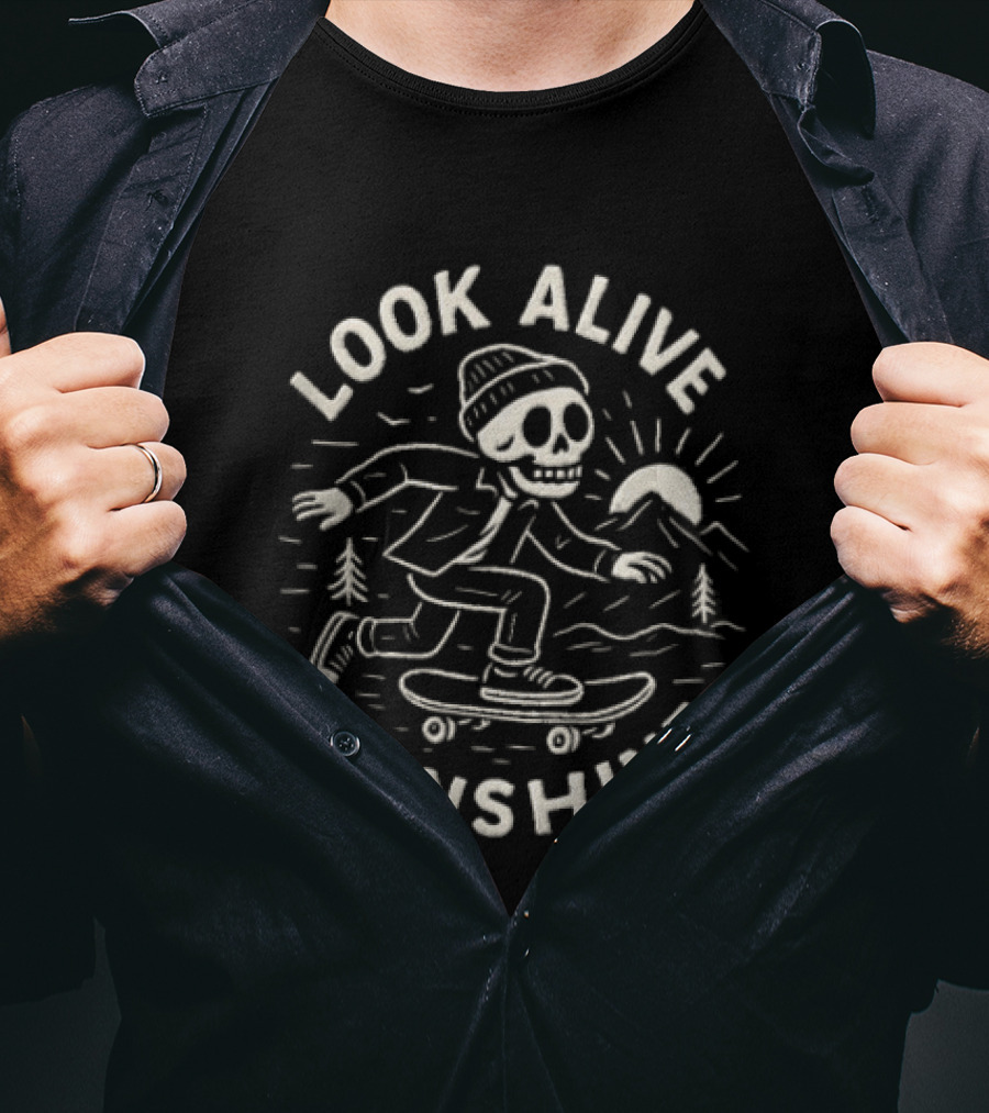 Look Alive Sunshine Skeleton Skateboarding With Beanie And Sunrise Scene T-Shirt