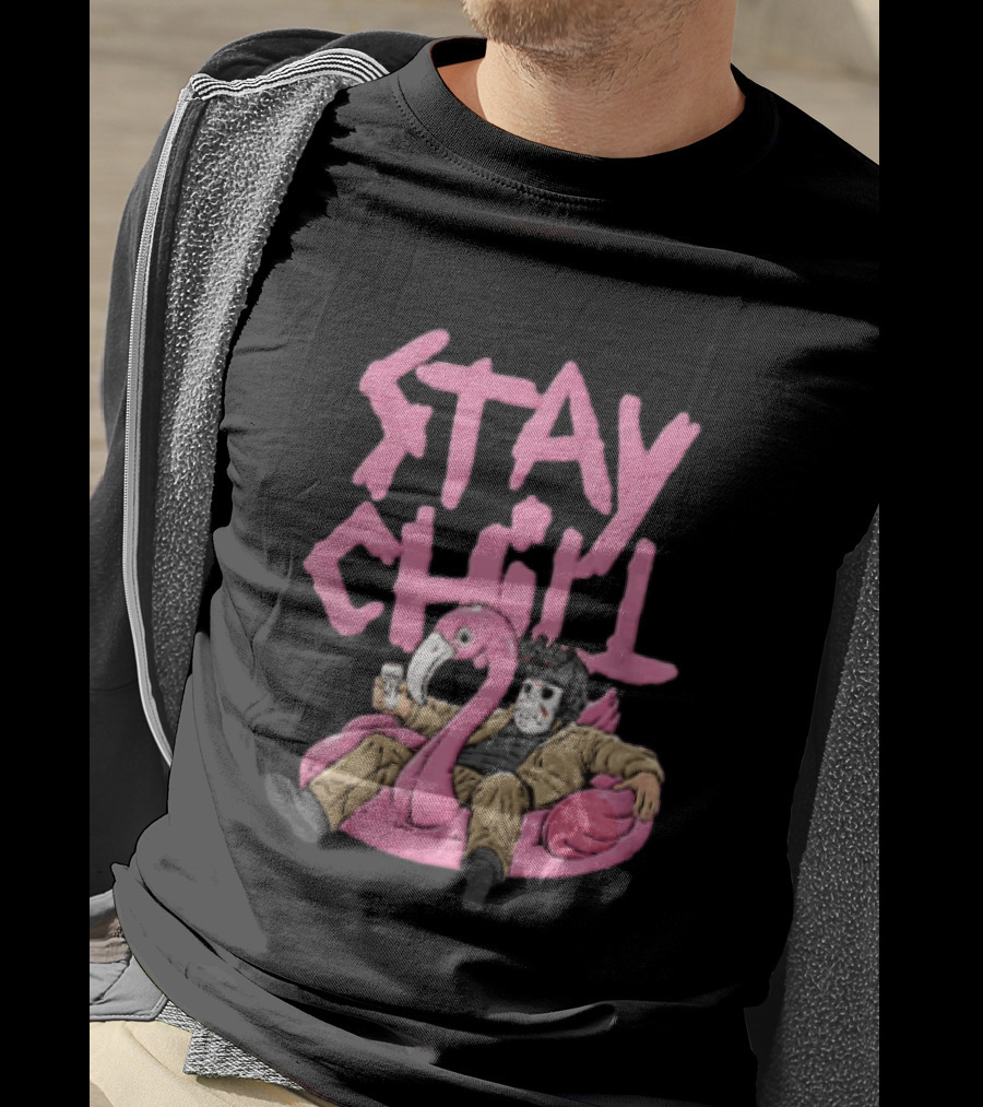 Stay Chill Jason Voorhees Energy Drink Pink Flamingo Float T-Shirt
