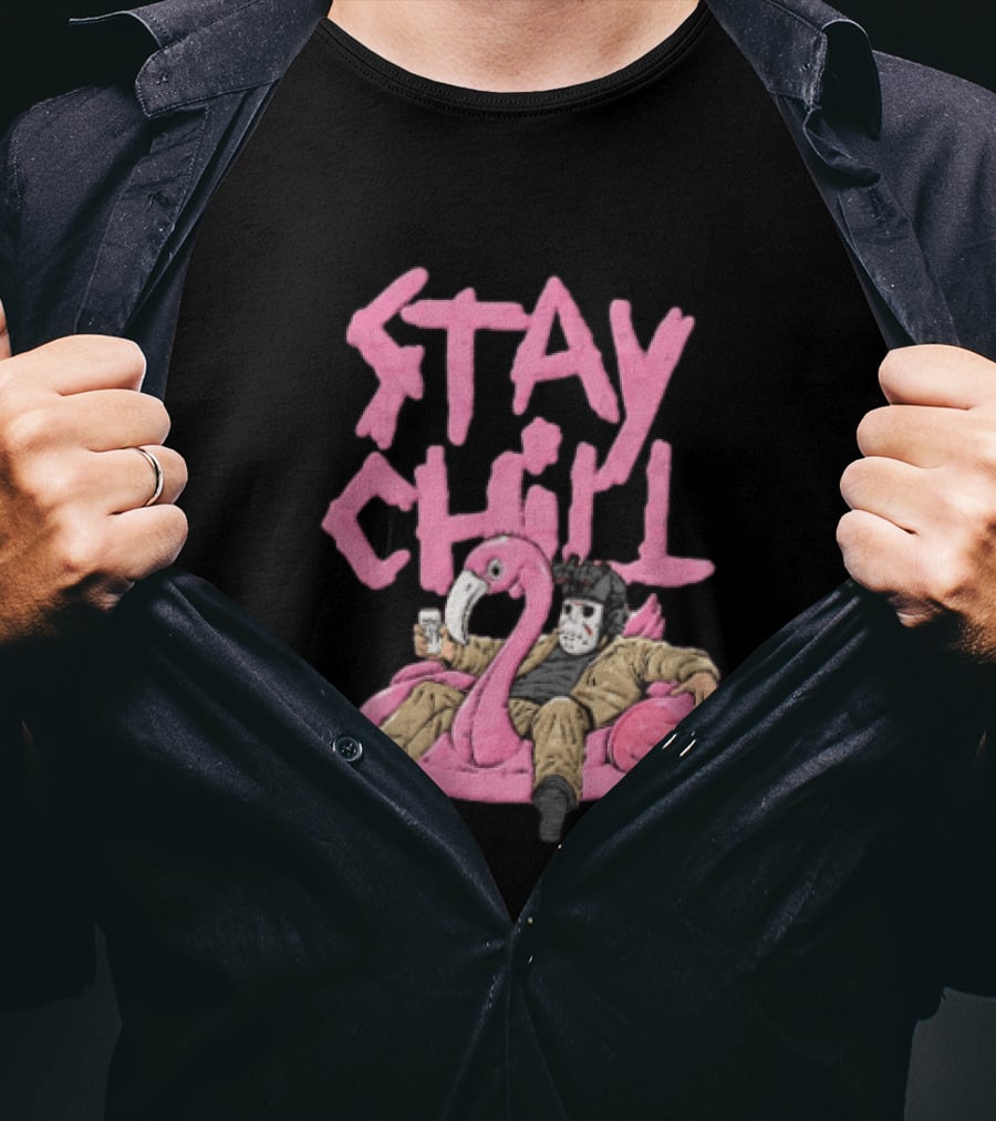 Stay Chill Jason Voorhees Energy Drink Pink Flamingo Float T-Shirt