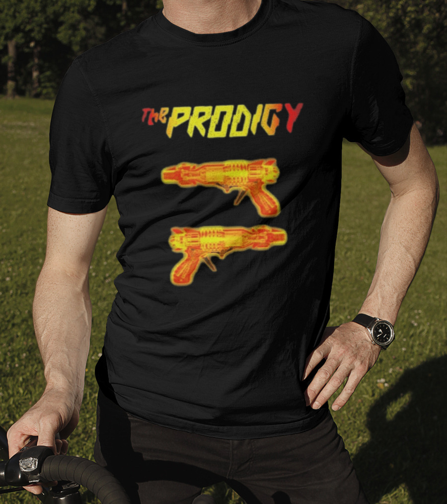 The Prodigy Rayguns Yellow And Red Bold Lettering With Dual Ray Guns T-Shirt
