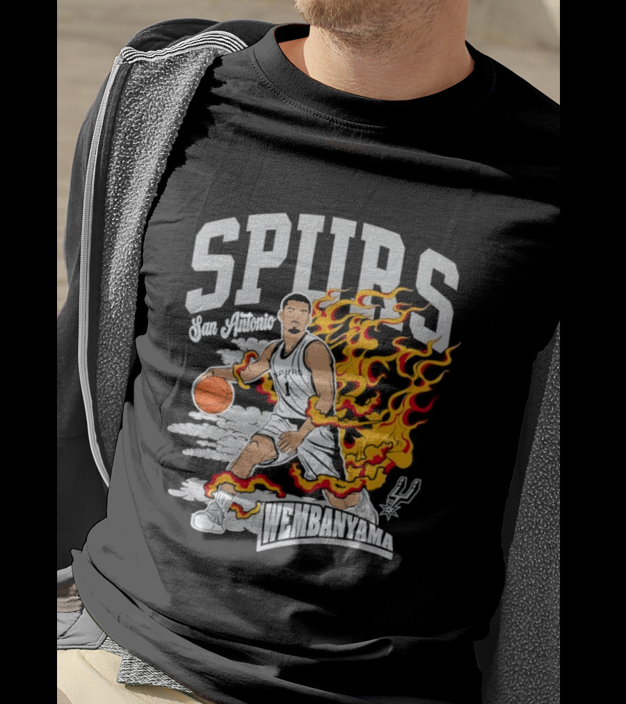 Victor Wembanyama San Antonio Spurs No 1 Basketball Flames Caricature T-Shirt